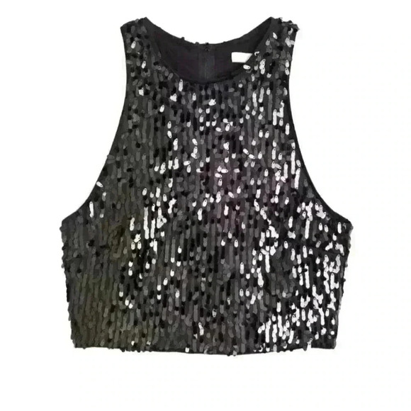 H&M Holiday Sequined  Racer back Gray Crop Tank Top - size Small NWT - Picture 1 of 6